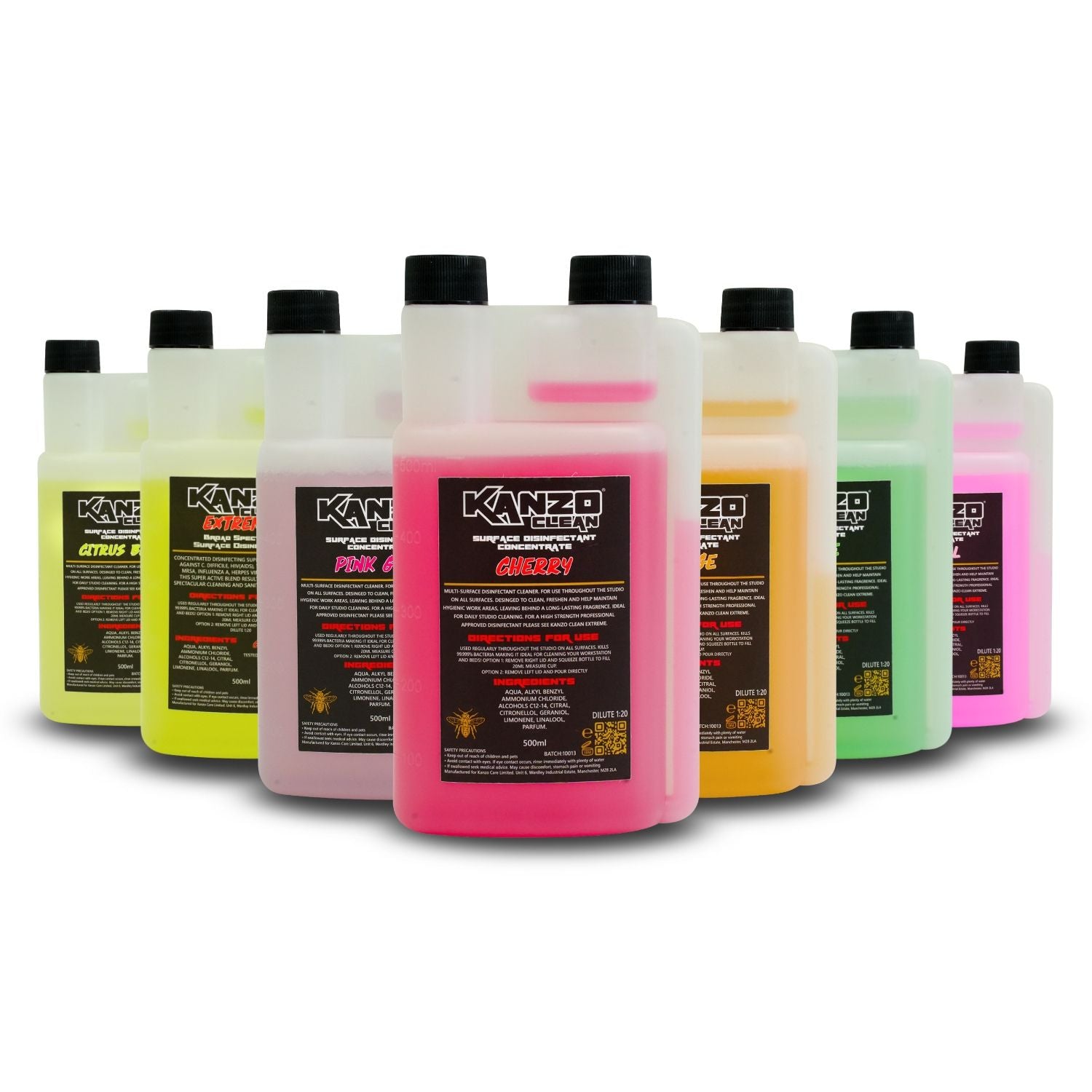 Set of KANZO car care products in various colors on a white background